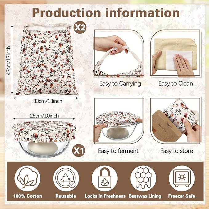 Reusable Beeswax Bread Bags for Homemade Bread Sourdough (2 Pcs 13x17in Bags + 10in Bowl Cover) Floral Cotton 100% Natural Beeswax Coating, Plastic-free Food Storage Wrap(Vintage Flower)