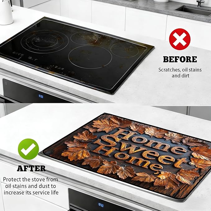 Stove Top Cover for Electric Stove, Vintage Farmhouse Style Glass Cooktop Protector, Multi-functional Kitchen Counter & Washer Top Cover