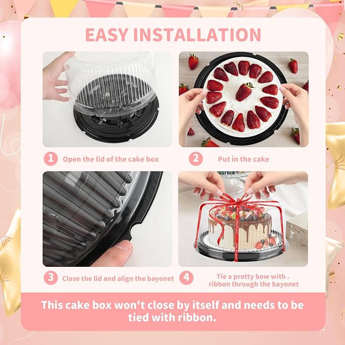 12Pcs 10 Inch Plastic Disposable Cake Containers with Lids and Cake Boards,Ribbon | Round Cake Container Carriers Clear Cake Box for Transport, Storing, Display Cakes