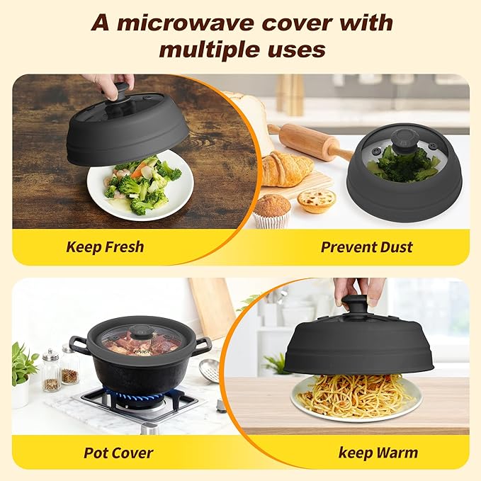 Microwave Splatter cover, Glass Microwave Cover for Food, Guard Lid with Collapsible Silicone for 6-8 inch Plates & Bowls, Dishwasher Safe, Heat Resistant, BPA-Free, 9 inch Black