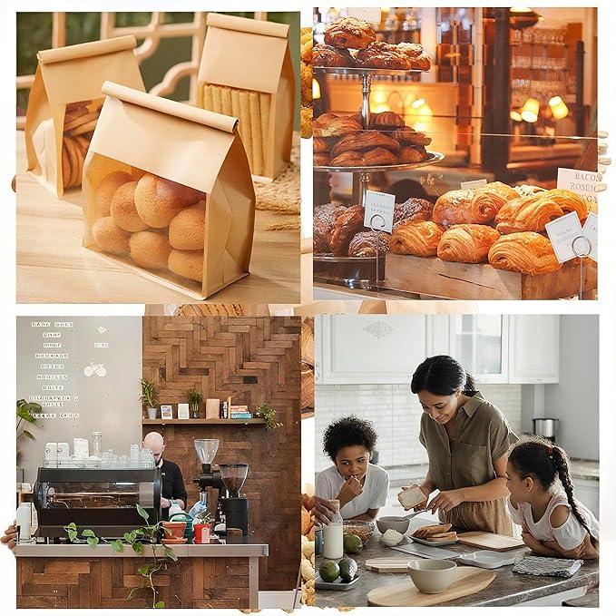 Heavy Duty Large Paper Bread Bags with Tin Tie Tab Lock 100pcs, Loaf Bag with Clear Front Window, Storage Packaging Treat Bag for Bakery Cafe Homemade Bread 10.6” × 4.3” × 8.7”