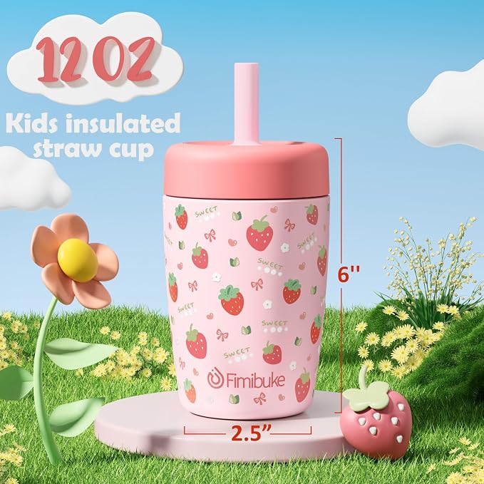 Fimibuke Kids & Toddler Cups Spill Proof, 12 OZ Insulated Sippy Cups for Toddlers Boys Girls, BPA-Free Toddler Straw Tumbler, Stainless Steel Kids Water Bottle with Twist Lids & Silicone Straw, 2 Pack