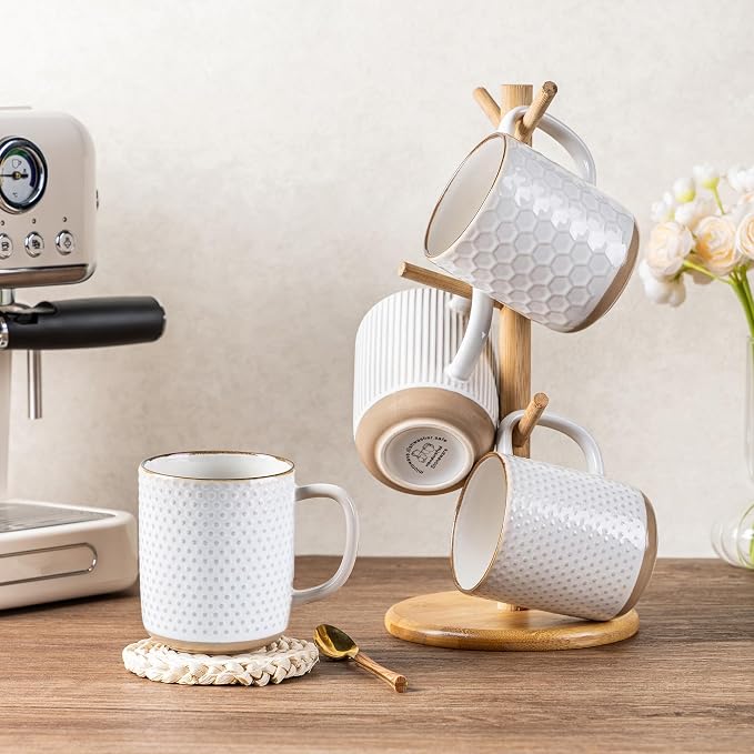 GBhome Large Coffee Mugs Set of 6, 16oz Handmade Stoneware Coffee Mugs Set with Large Handle for Cappuccino/Latte/Tea/Hot Cocoa, Dishwasher & Microwave Safe, Off White