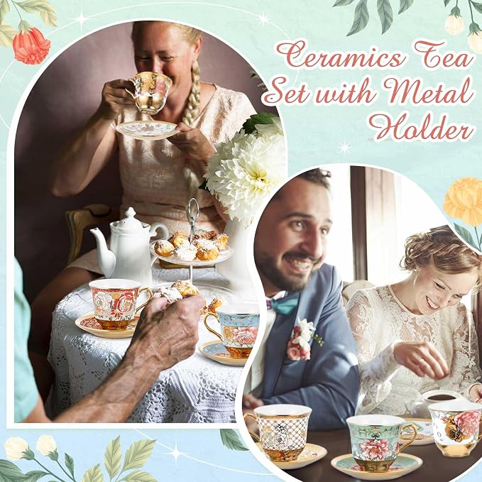 Teenyyou Set of 12 Tea Cups and Saucers Tea Party Decorations Floral Porcelain 7.4 oz British Gift for Women Birthday Party, Church, and Mother's Day (Stylish Style)