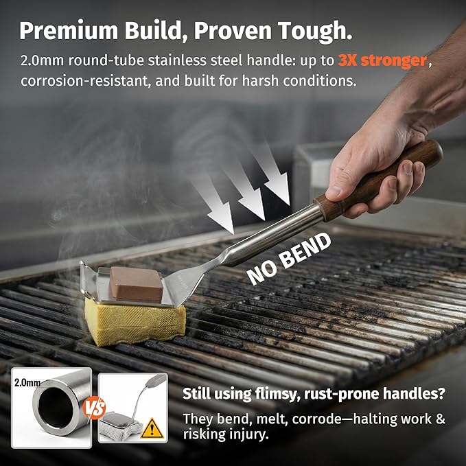 East Oak 16“ Bristle-Free Grill Brush, 2mm Thick Stainless Steel Rod, Heat-Resistant Aramid Sponge Head (900°F), Steam Cleaning Brush with Scraper, Safe for Cast Iron & Stainless Steel Grates