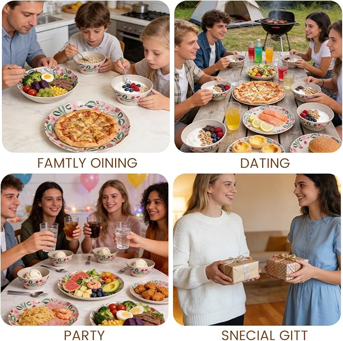 Unbreakable Dinnerware Set for 4 Natual Strawberry 12 Piece Melamine Wheat Straw BPA Free Lightweight Dishwasher Safe Shatter Resistant for Picnic Garden Breakfast