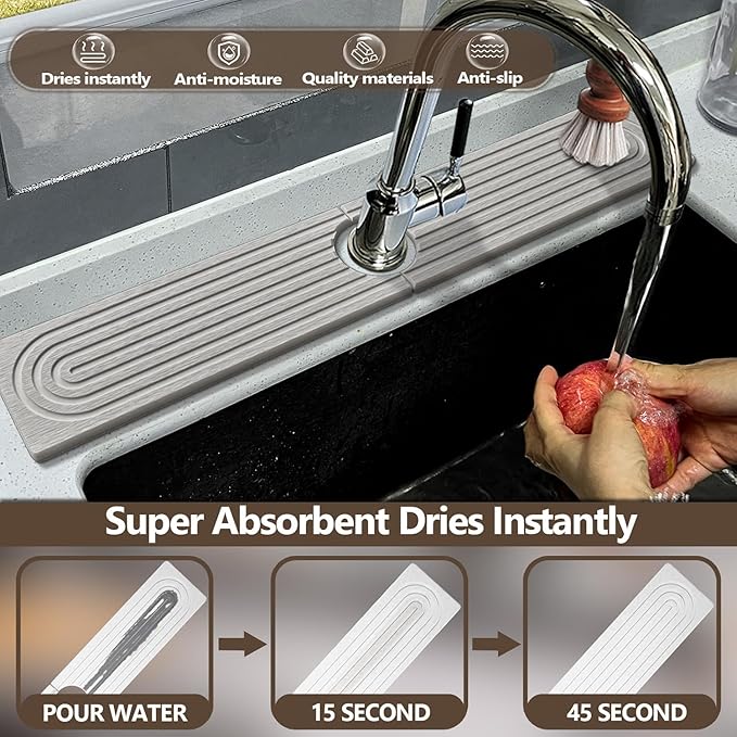 Faucet Mat For Kitchen Sink, 15.7" Diatomite Kitchen Sink Splash Guard, Super Absorbent, Sink Faucet Mat Splash Guard, Faucet Sink Splash Guard For Bathroom Counter (Light Gray)