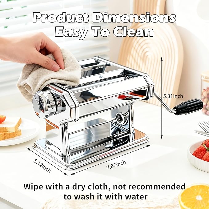 Pasta Maker Machine With 7 Adjustable Thickness Settings, Stainless Steel Manual Noodle Maker,Pasta Roller& Cutters With Removable Handle and Clamp For Kitchen （All-in-One ）