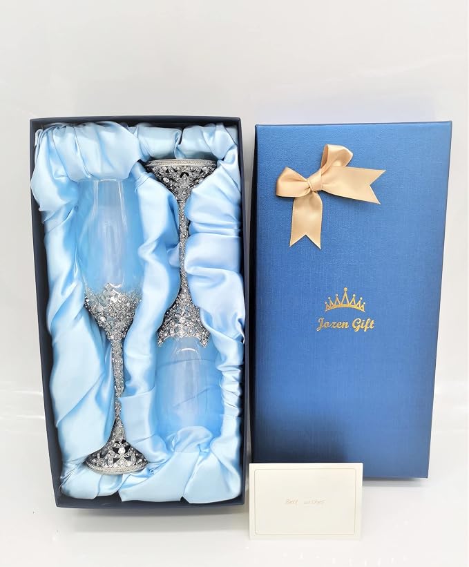 Champagne Flutes - Crystal Glass Metal Base With Crystal Stones, Set of 2 Toasting Flute Pair, Wedding Anniversary Party Birthday Banquets and Gifts for Bride and Groom(Silver)
