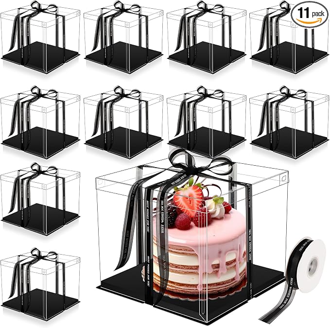 Maxdot 10 Pcs Transparent Tall Cake Boxes 12" x 12" x 10" Large Clear Cake Box with Ribbon Cake Carrier PET Wedding Cake Storage Container Clear Gift Boxes for Party Birthday Dessert Display (Black)