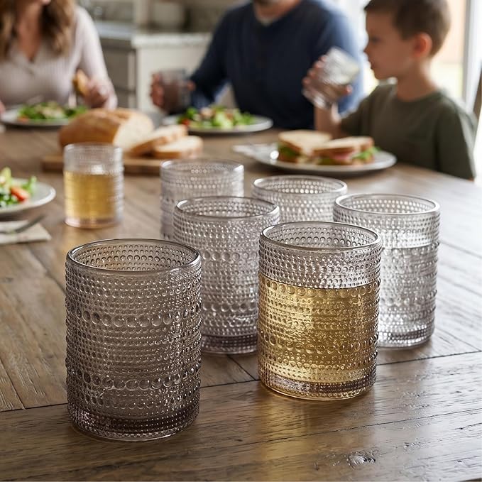 Khen Beaded Tumbler Drinking Glasses Set | Set of 6 | Vintage Hobnail 11 OZ Bubble Design Whiskey Glassware, Old-Fashioned, Embossed Design Glass for Water, Wine, Cocktail HAND WASH ONLY (Grey)
