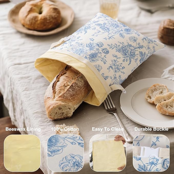 Reusable Beeswax Bread Bags for Homemade Bread & Sourdough, 2-Pack XL Airtight Food Storage Bags, Organic Cotton Linen Covers - Freezer-Friendly Freshness Preservation Keeps Fresh Longer