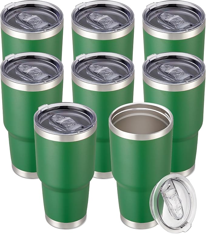 30 oz Tumbler with Lid Stainless Steel Tumblers Bulk Vacuum Insulated Cup Reusable Powder Coated Travel Mug Double Wall Leak Proof Cups Keep Cold Drinks for 12 Hours Dark Green, Set of 8