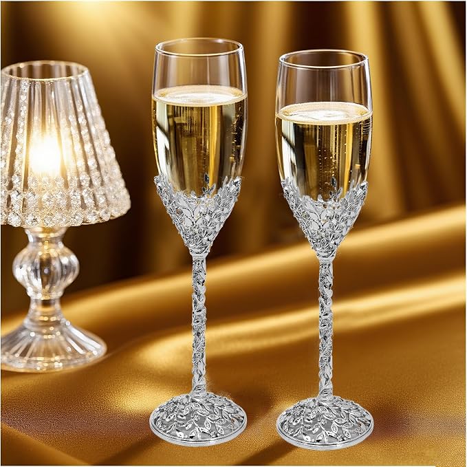 Silver Champagne Flutes -His and Hers,Wedding Toasting Glasses for Engagement Celebrations, Bridal Shower and Registry Idea, Tall Wine Glasses for Bride and Groom Gifts,7oz (Chrome)
