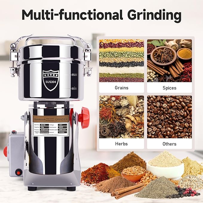 Goldtouch 750g Grain Mill Grinder 2800W Electric Stainless Steel Grain Grinder High-Speed Pulverizer Powder Machine for Dry Wheat, Oats, Corn, Pepper and Coffee Beans (750g Swing Type)