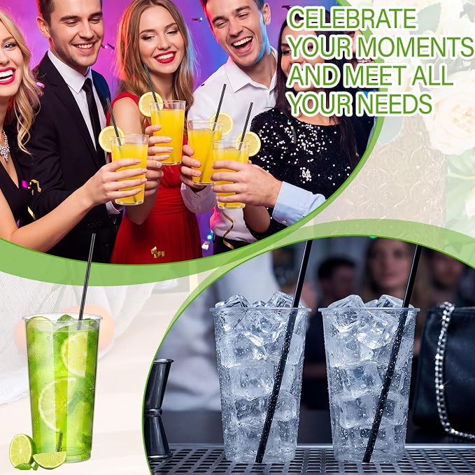 Plastic Highball Glasses with Straws(set of 48), 12 oz Shatterproof Drinking Cups, Tall Whiskey Collins Glass with Straws, Smoothie Tumbler Mojito Cocktail Cups for Wedding Fall Xmas Party