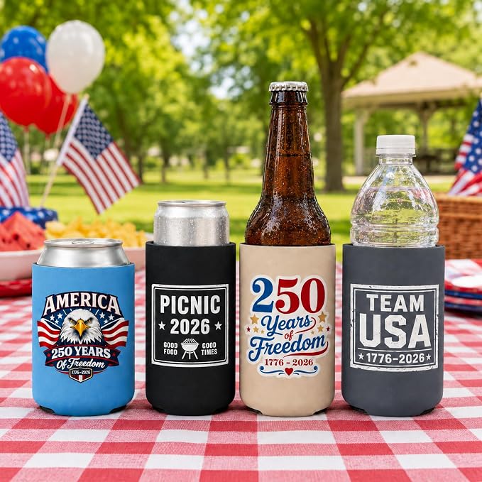 300 Pcs Custom 4th of July American Can Cooler Sleeves, 250th Anniversary USA Patriotic Neoprene Drink Holder for Memorial Day Independence Day Party Favors Decorations Gifts