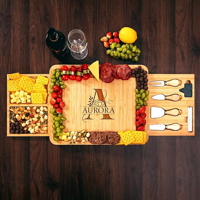 Personalized Monogram Charcuterie Board, Bamboo Cheese Board with Initial - Birth Flower Charcuterie Boards Gift Set, House Warming Gifts for New Home, Hostess Gifts 2026