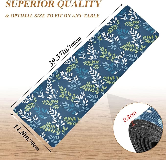 2-in-1 Table Runner Trivet for Hot Dishes Heat Resistant Hot Plate Mat Pad 39x12 Inch Waterproof Table Protector Trivets for Countertop Non Slip Decorative Blue Simple Branches and Leaves
