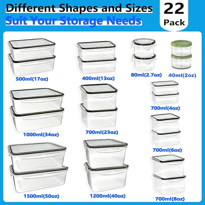44-Piece Reusable Food Storage Containers with Lids Airtight, Leakproof Plastic Meal Prep Storage Food Grade Kitchen Organizer, Stackable Freezer Containers, Microwave & Dishwasher Safe
