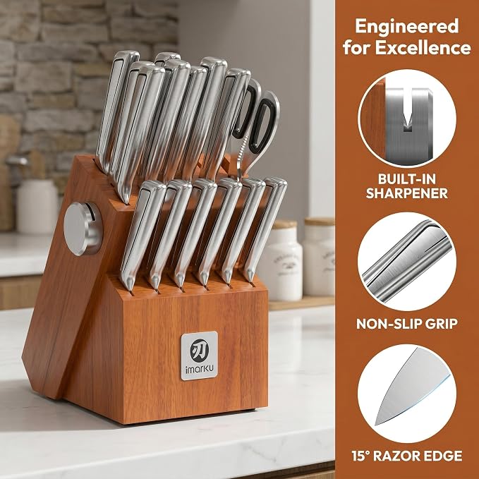 imarku High Carbon Stainless Steel Gyutou Knife Set with Block, Precision-Forged Razor Sharp 10–15° Edge, Ergonomic Non-Slip Handle, Built-in Sharpener, Brown, Best Gift Choice, Cooking Enthusiasts