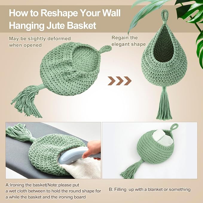 Honeydak Boho Decor Hanging Wall Baskets for Kitchen 3 Pack Teardrop Baskets with Hooks Storage Fruit Onion Vegetable Potato for Home 3 Sizes(Sage Color Palette,Tassel,Cotton Rope)