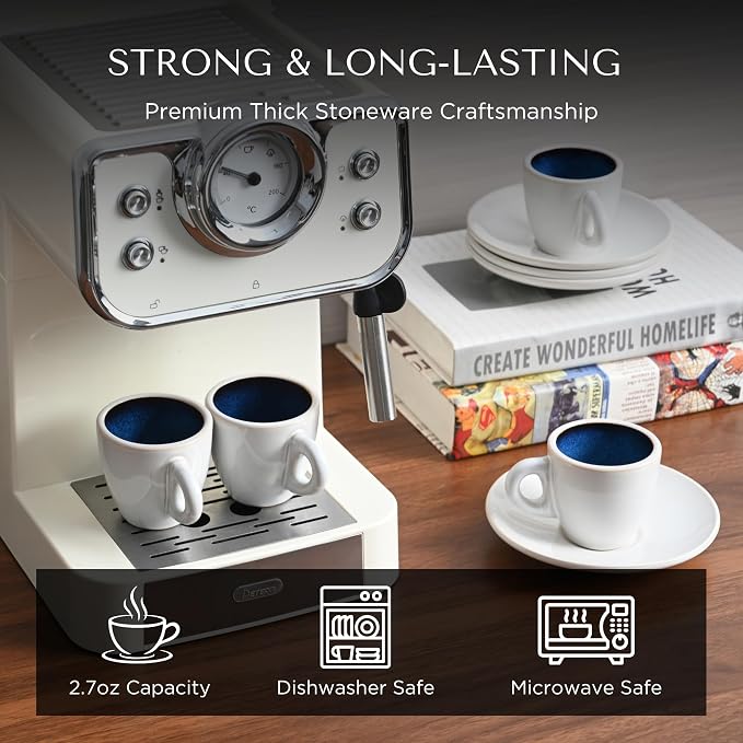 Bacimi® Espresso Cups and Saucers Set of 4 – 2.7oz Thick Barista Style Stoneware Cups - Blue Glaze Classic Italian Design - Ceramic Cups For Espresso, Macchiato, Doppio – Dishwasher & Microwave Safe