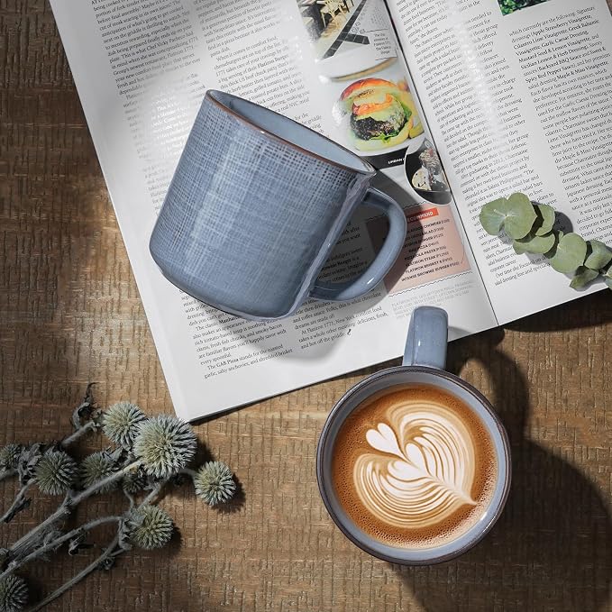 famiware Moonlight Coffee Mug Set of 4, 14oz Mug Set with Linen Finish, Coffee Cup Set with Handle for Latte, Cappuccino, Tea, Hot Cocoa, Microwave and Dishwasher Safe, Blue