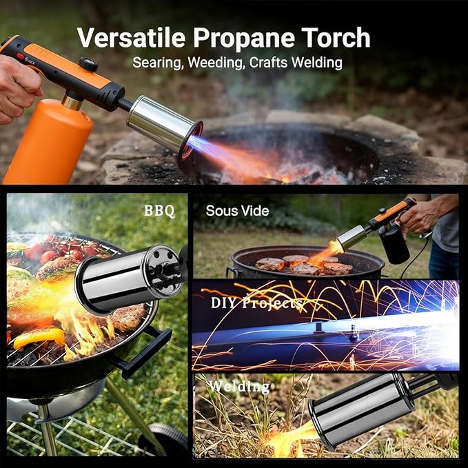 Propane Torch Gun With One-Touch Max Fire, Adjustable Kitchen Torch, Powerful Propane Torch With Many Safety Features(Tank Not Included)