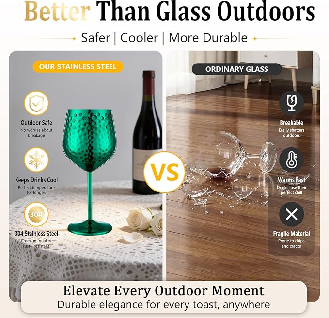 UNISWEET Stainless Steel Wine Glasses Set of 4 Unbreakable (Green) | 17 oz Large-capacity Hammered Goblets, Lightweight & Reusable, Good for Outdoor, Camping, Pool Travel, Gift for Wine Lovers