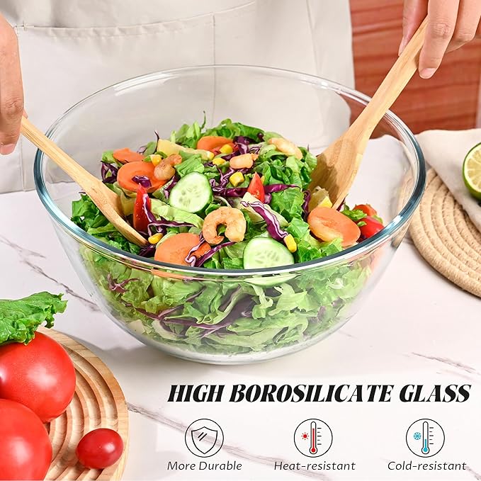 LOVYANXUE 10.6" Glass Salad Bowl with Lid, 4.7 Quart Large Capacity Serving Bowls and Mixing Bowls with Utensils, Versatile Serving Dish for Salads,Fruits,Pasta,Popcorn,Trifle Bowl, Microwave Safe