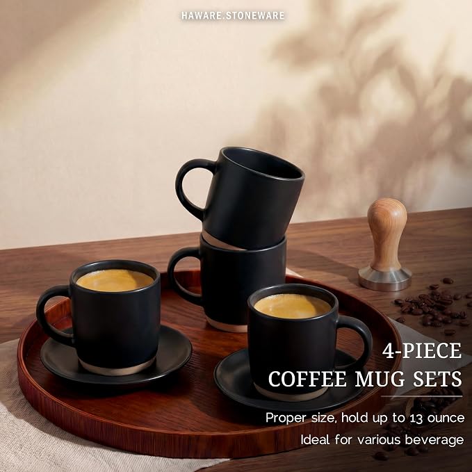 HaWare 13OZ Coffee Mugs Set of 4, Stoneware Coffee Cups, Ceramic Latte Mug for Man, Woman, Dad, Mom, Modern Tea Mugs for Latte/Cappuccino/Cocoa/Milk, Dishwasher& Microwave Safe, Frosting Black