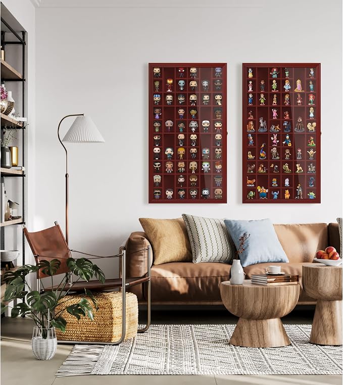 Shot Glass Display Cabinet Solid Wood - Large Display Case for Collectibles | Man Cave Accessories | UV Protection Acrylic Door | Wall Mounted Black Shadow Box | 52 Slots | 32"x17" Mahogany