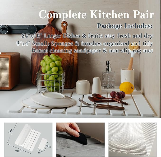 2pcs Stone Dish Drying Mat for Kitchen Counter, Quick-Dry Diatomaceous Earth Water Absorbent Pad & Countertop Drainer, Home Essentials for Bath and Pets - White, 24x16’’ & 8x4’’