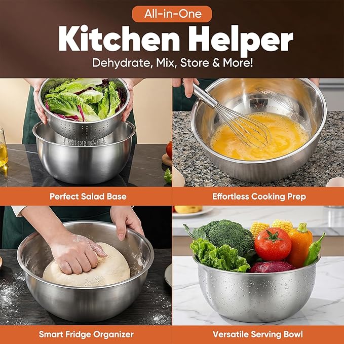 Stainless Steel Salad Spinner & Fruit Washer, 6L Quick-Spin Vegetable Spinner with Drain Lid, Pasta Dryer & 3-Bowl Set, Commercial-Grade Salad Spinner for Kitchen, Easy Clean & Dishwasher Safe