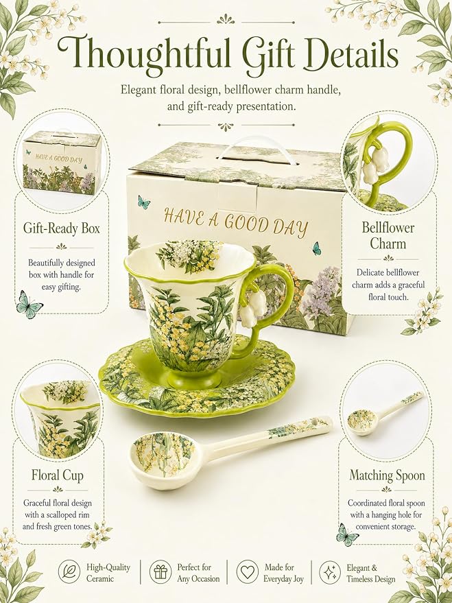 Tea Cup and Saucer Set with Spoon, Porcelain Flower Tea Cup with Saucer, Cute Vintage French Style Coffee Cup Gift Set with Box for Women and Tea Parties