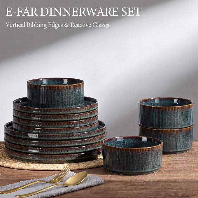 E-far Stoneware Dinnerware Sets for 2, 6-Piece Plates and Bowls Sets, Chip & Scratch Resistant Ribbed Dish Set for Home Restaurant, Microwave & Dishwasher Safe, Blackish Green