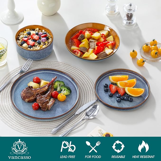 ONION Ceramic Plates and Bowls Sets for 6, 24 Pieces Stoneware Dinnerware Sets for Kitchen, Reactive Glaze Dish Set, Dishwasher and Microwave Safe, Blue