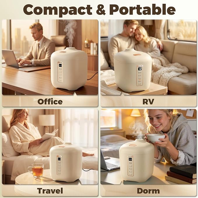 CHACEEF Mini Rice Cooker 2 Cups Uncooked, 1.2L Rice Cooker Small, Portable Non-Stick Small Travel Rice Maker, BPA Free, Smart Control Multifunction Cooker with 24 Hours Timer Delay & Keep Warm Function, Beige