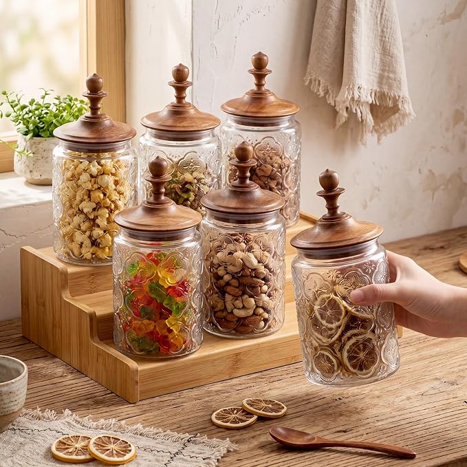 Suclain 6 Pack 24oz Vintage Glass Jars with Wooden Crown Lids, Decorative Jars Begonia Pattern, Airtight Glass Food Storage Containers for Tea Coffee Spice Pantry Organization