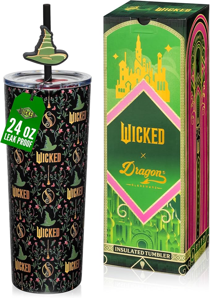 Dragon Glassware Wicked 24 oz Vacuum Insulated Tumbler with Lid and Straw - Tumbler Cup with 2 Straws - Stainless Steel Tumbler with Straw Topper for Water, Iced Tea - Enchanted