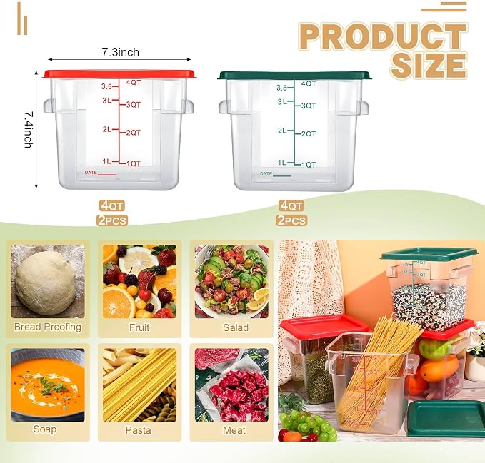 Maxcheck 4 Pcs 4qt Food Storage Container with Lids Bulk Clear Plastic Commercial Food Storage Bins with Scale Handle Space Saving Restaurant Tubs for Kitchen Prep Proof Dough(Red, Green)