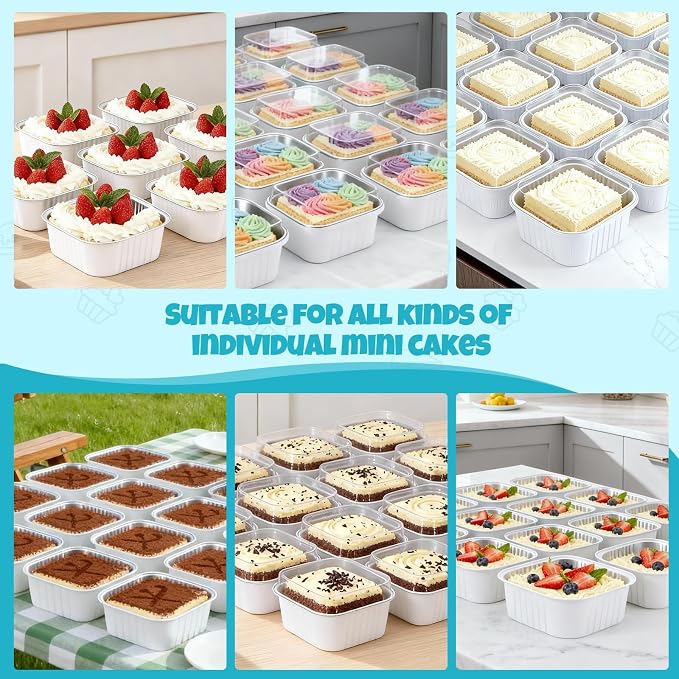 20 Pack 10oz Mini Cake Pans With Lids, Aluminum Foil Square Brownie Baking Cups,Disposable 4”x4” Large Cupcake Pan,Jumbo Muffin Tin Ramekins Holders-White