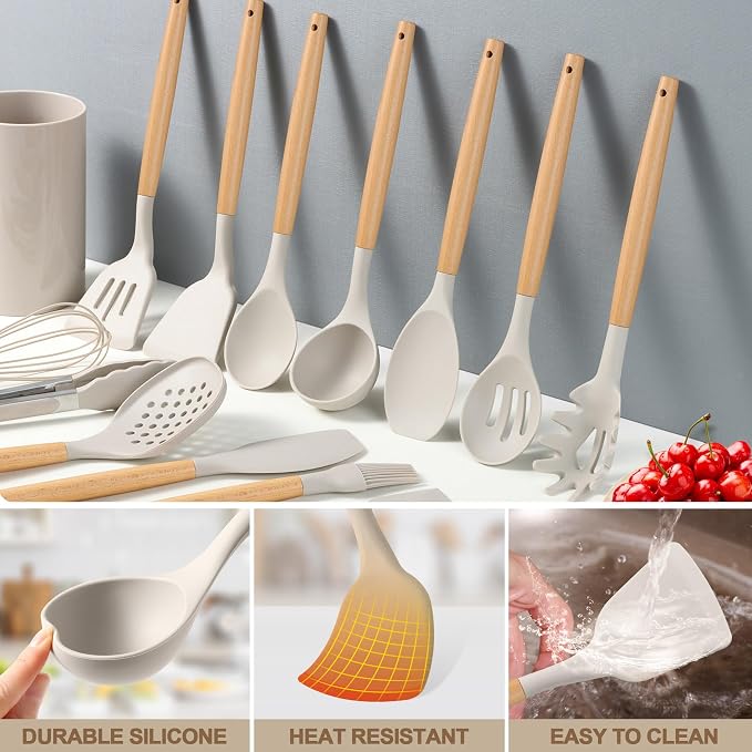LIANYU Kitchen Knife Set with Block and 15-Piece Kitchen Cooking Utensils Set with Holder, 15 Pieces Knife Block Set with Sharpener and Silicone Kitchen Tools Include Spatula Tong Slotted Spoon Turner