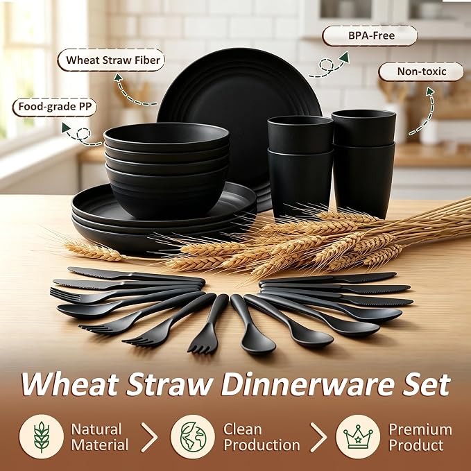 Plates and Bowls Sets for 4, Unbreakable Wheat Straw Dinnerware Sets 24 Piece, Microwave Safe Plates, Bowls and Cups Set, Dish Set for Camping, RV, Kitchen Essentials for New Apartment - Black