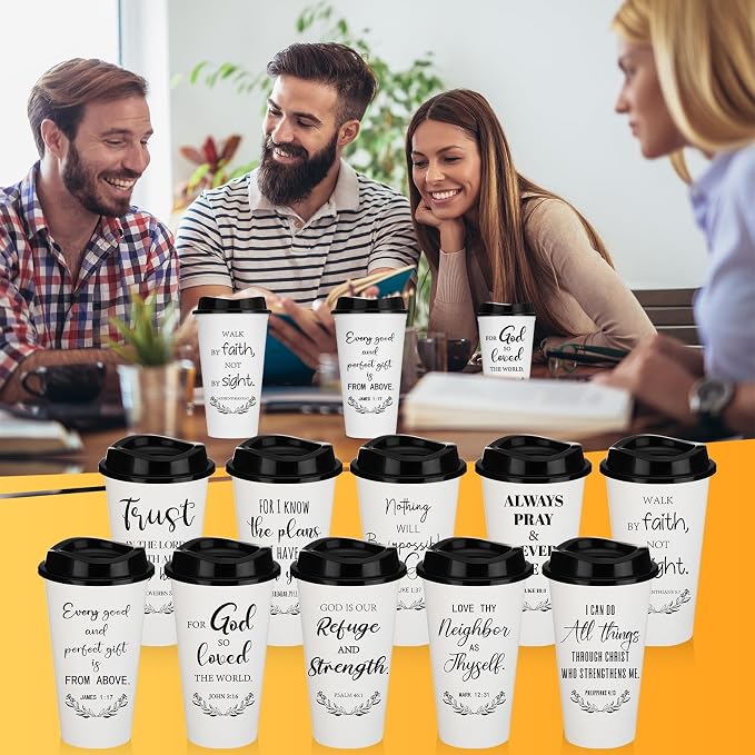 Skylety 20 Pack Bulk Christian Gifts for Men Women 16oz Reusable Bible Verse Tumbler Plastic Coffee Cup with Lid Inspirational Religious Church Gift for Teacher Graduation Party Favor (White)