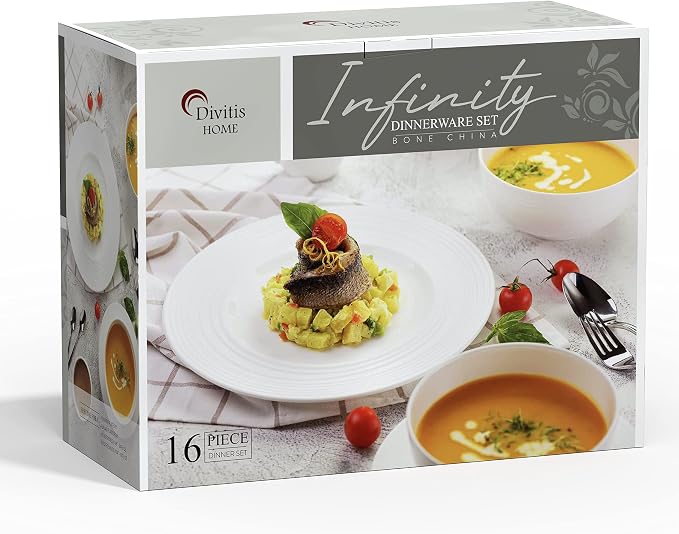 Divitis Home Infinity bone china dinnerware set - 16 piece round dinnerware set, includes soup bowls, dinner plates and salad plates