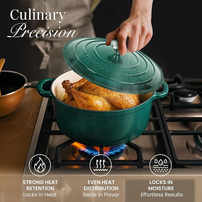 Cast Iron Dutch Oven with Lid - Non-Stick Ovenproof Enamelled Casserole Pot - Sturdy Dutch Oven Cookware - Dark Green, 5-Quart, 24cm - by Nuovva