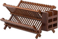 HBlife Dish Rack,Teak Folding 2-Tier Collapsible Drainer Dish Drying Rack with Utensils Flatware Holder Set (Dish Rack with Utensil Holder)