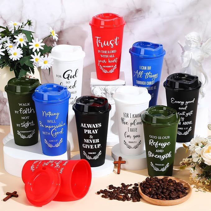 Skylety 20 Pack Bulk Christian Gifts for Men Women 16oz Reusable Bible Verse Tumbler Plastic Coffee Cup with Lid Inspirational Religious Church Gift for Teacher Graduation Party Favor (Bold Color)